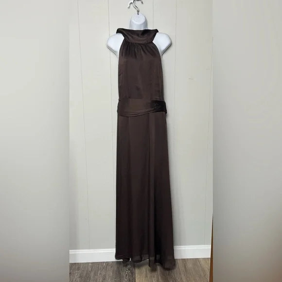 Sachin + Babi Elegant Chocolate Brown Maxi Dress with Long Shoulder Bow Size 10 - Picture 1 of 11